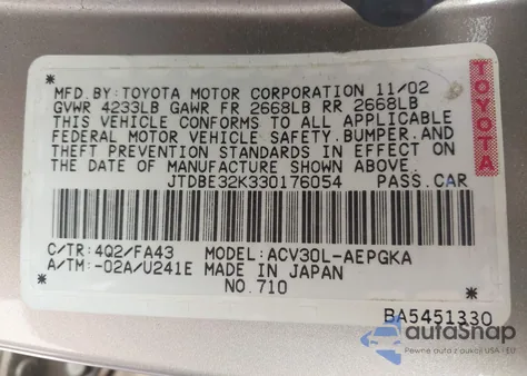 2003 Toyota Camry Xle z USA, uszkodzony, nr VIN JTDBE32K330176054